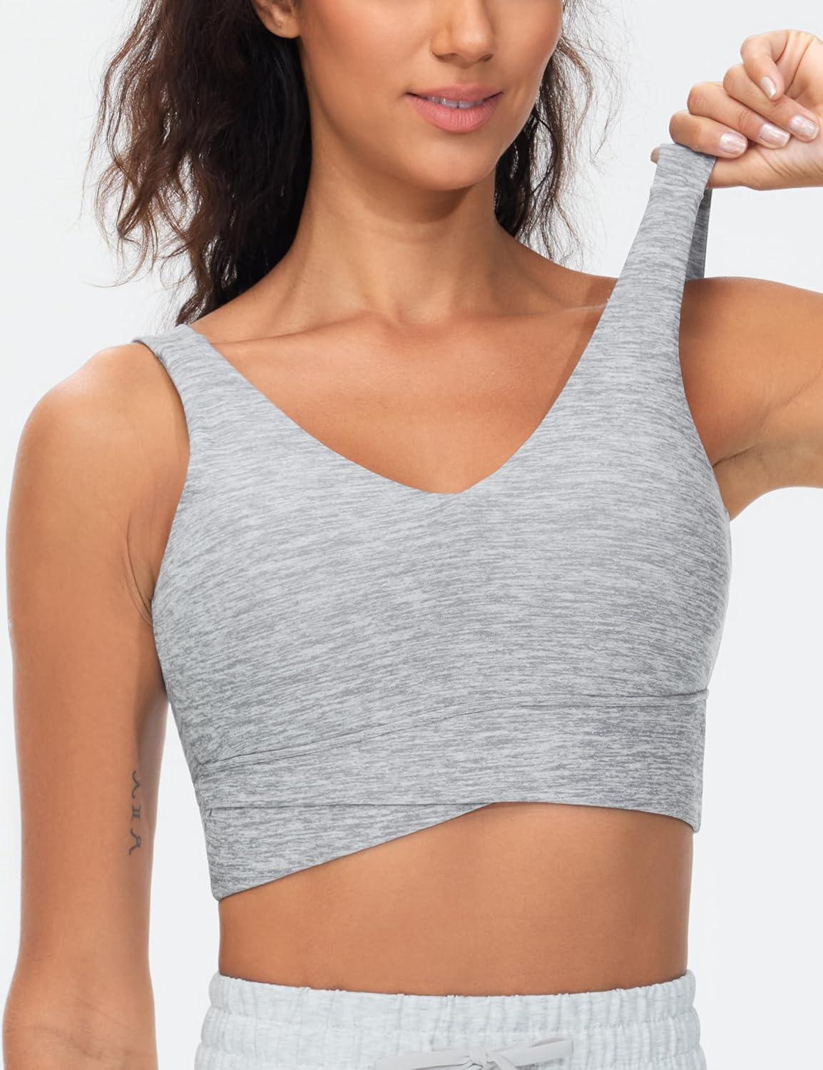 imageTHE GYM PEOPLE Womens Padded Sports Bra VNeck Wireless Stretchy Workout Crop Tops with Cross Hem Soft Yoga BrasLight Grey Heather