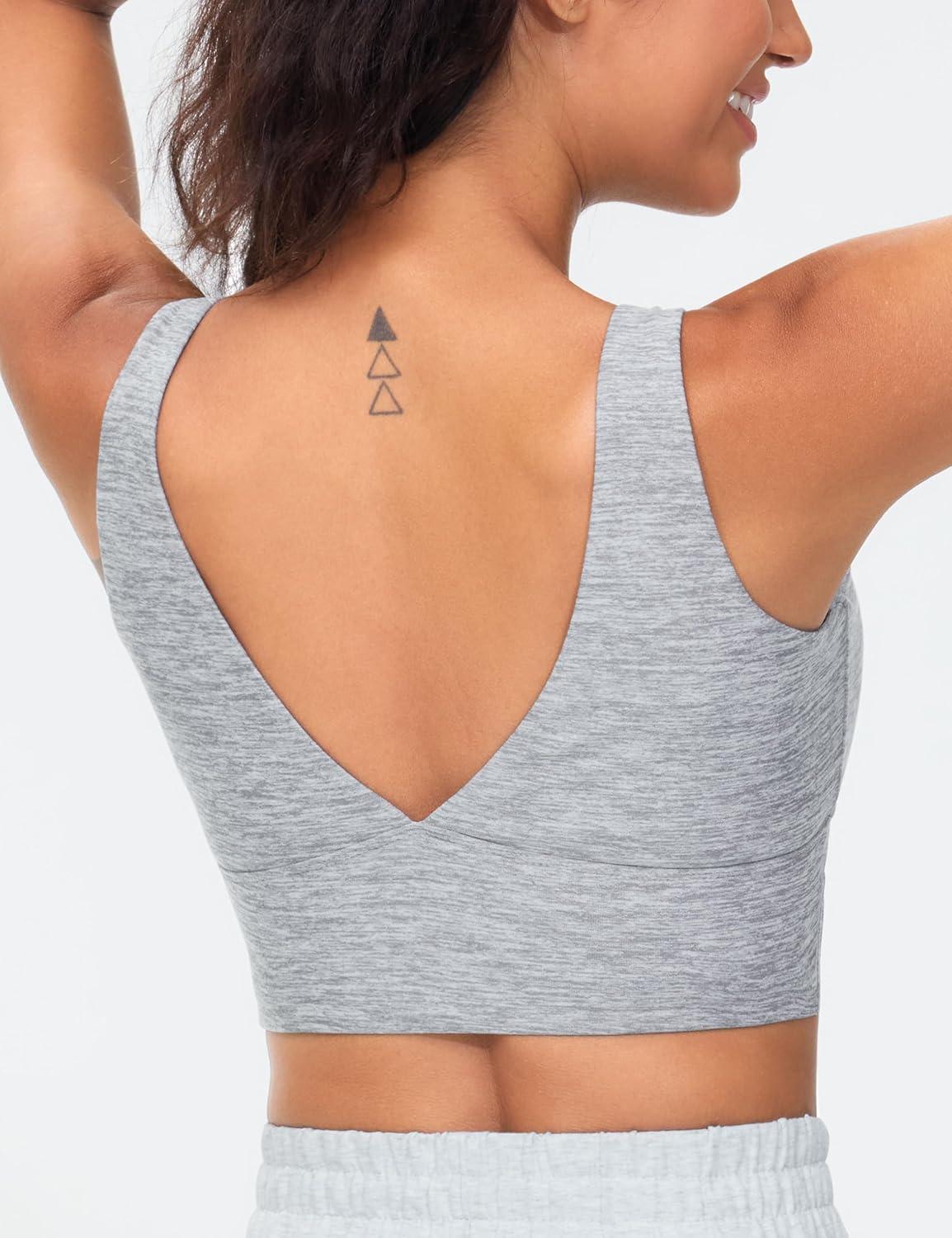 imageTHE GYM PEOPLE Womens Padded Sports Bra VNeck Wireless Stretchy Workout Crop Tops with Cross Hem Soft Yoga BrasLight Grey Heather