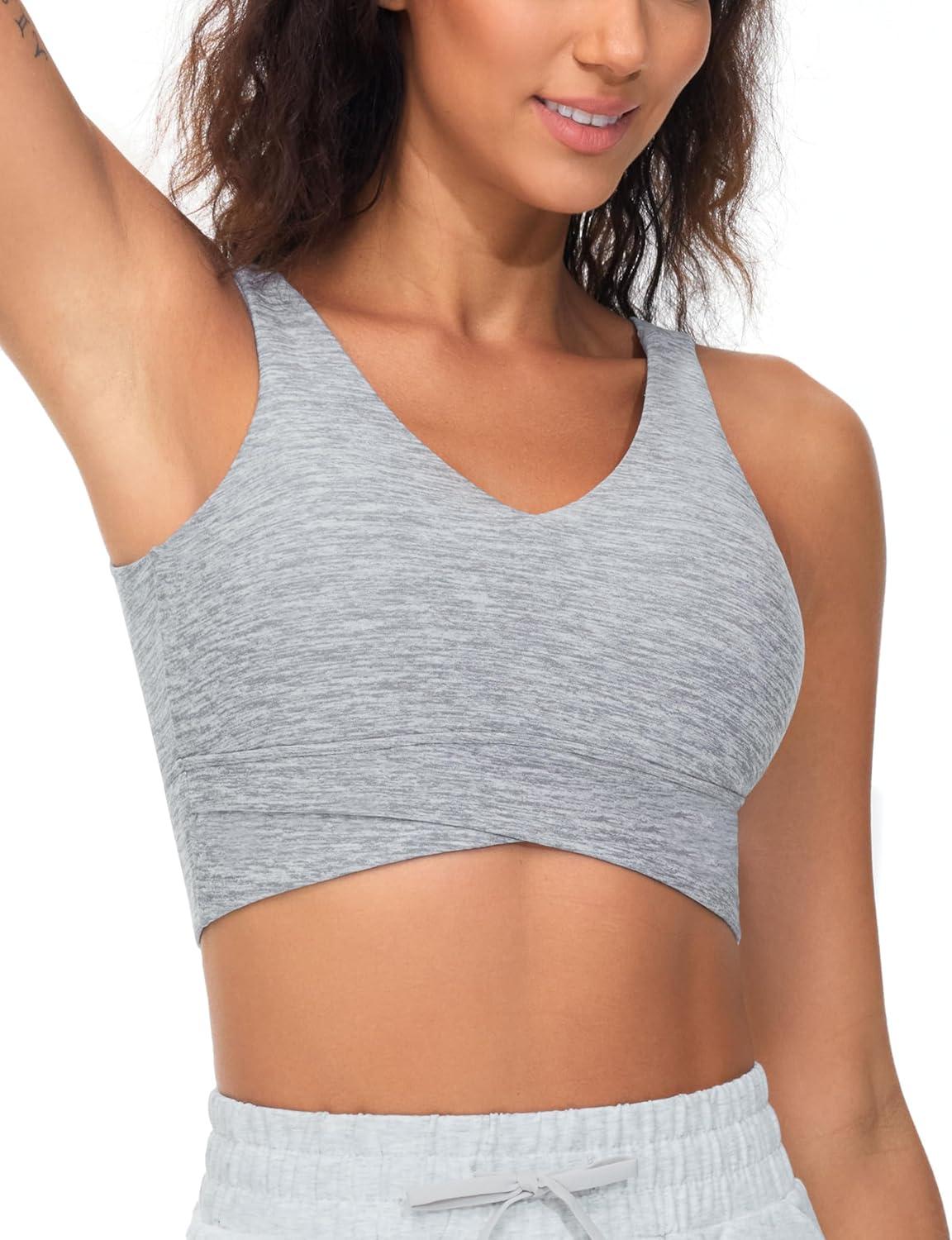 imageTHE GYM PEOPLE Womens Padded Sports Bra VNeck Wireless Stretchy Workout Crop Tops with Cross Hem Soft Yoga BrasLight Grey Heather