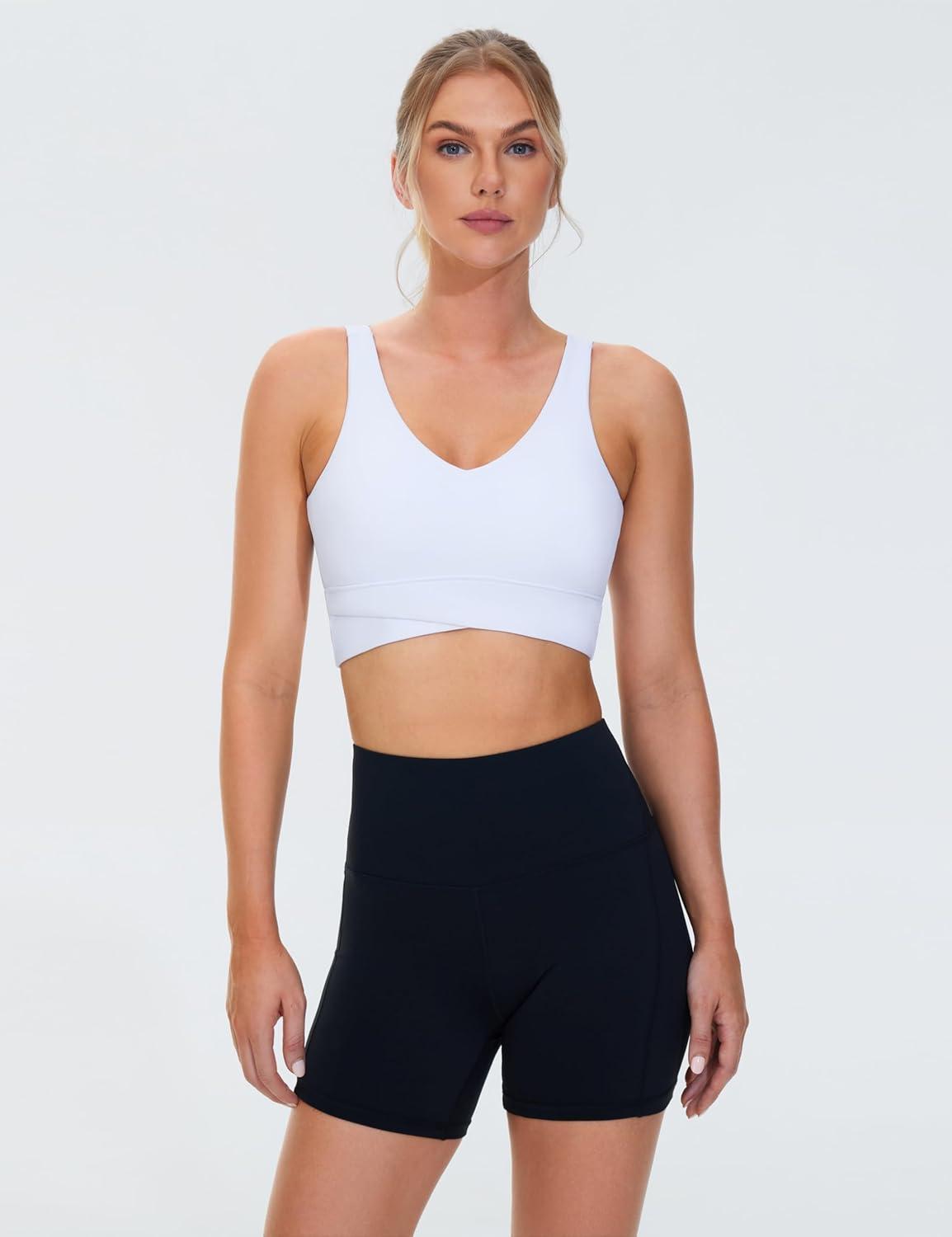 imageTHE GYM PEOPLE Womens Padded Sports Bra VNeck Wireless Stretchy Workout Crop Tops with Cross Hem Soft Yoga BrasWhite