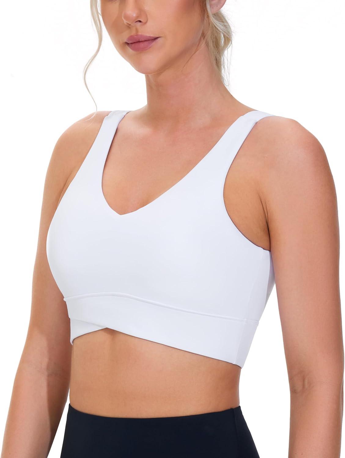 imageTHE GYM PEOPLE Womens Padded Sports Bra VNeck Wireless Stretchy Workout Crop Tops with Cross Hem Soft Yoga BrasWhite