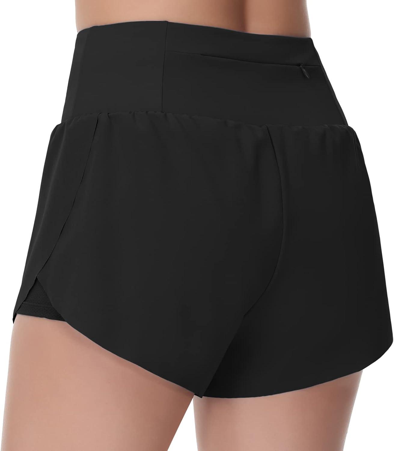 imageTHE GYM PEOPLE Womens Quick Dry Running Shorts Mesh Liner High Waisted Tennis Workout Shorts Zipper PocketsBlack