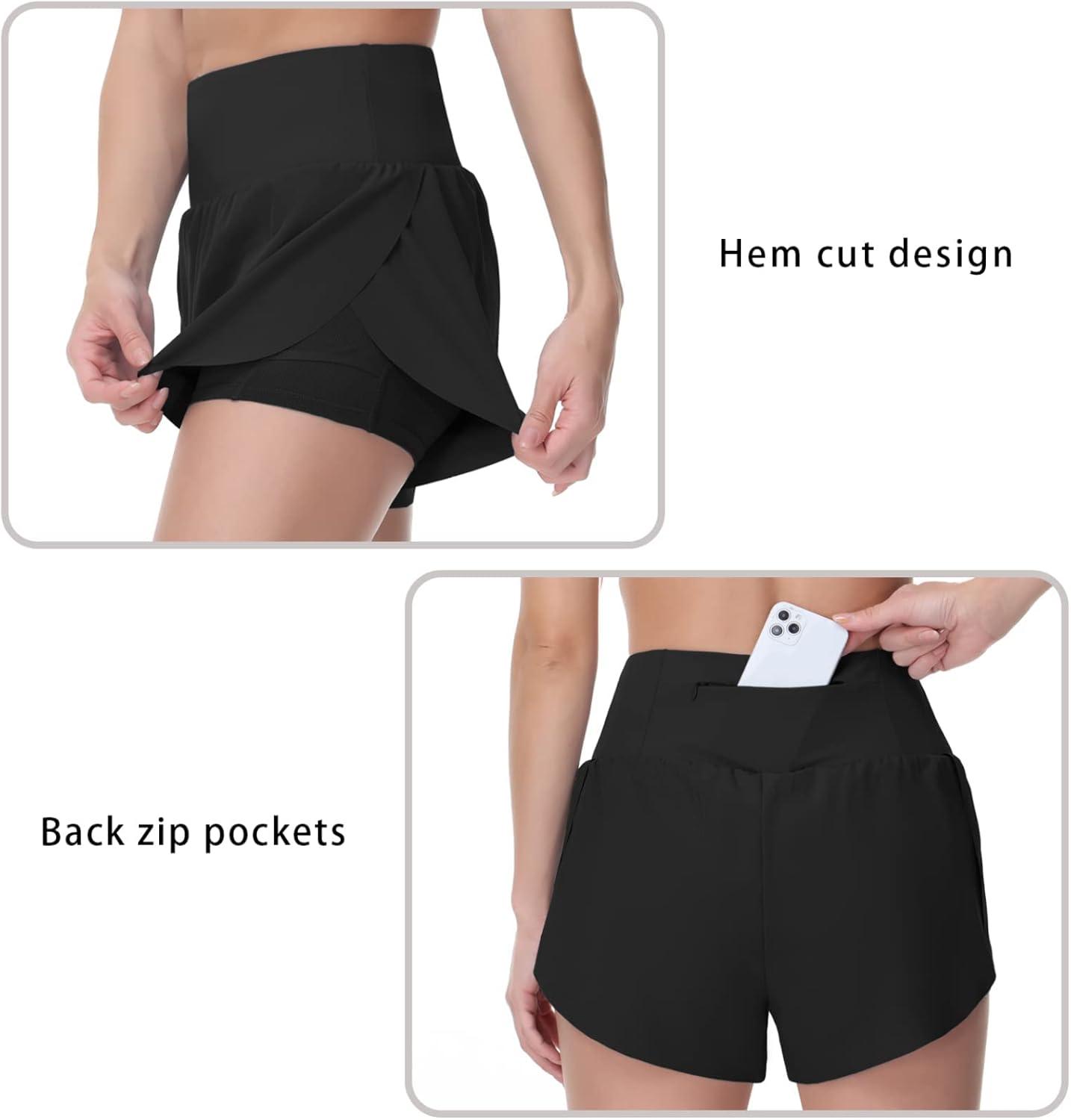 imageTHE GYM PEOPLE Womens Quick Dry Running Shorts Mesh Liner High Waisted Tennis Workout Shorts Zipper PocketsBlack