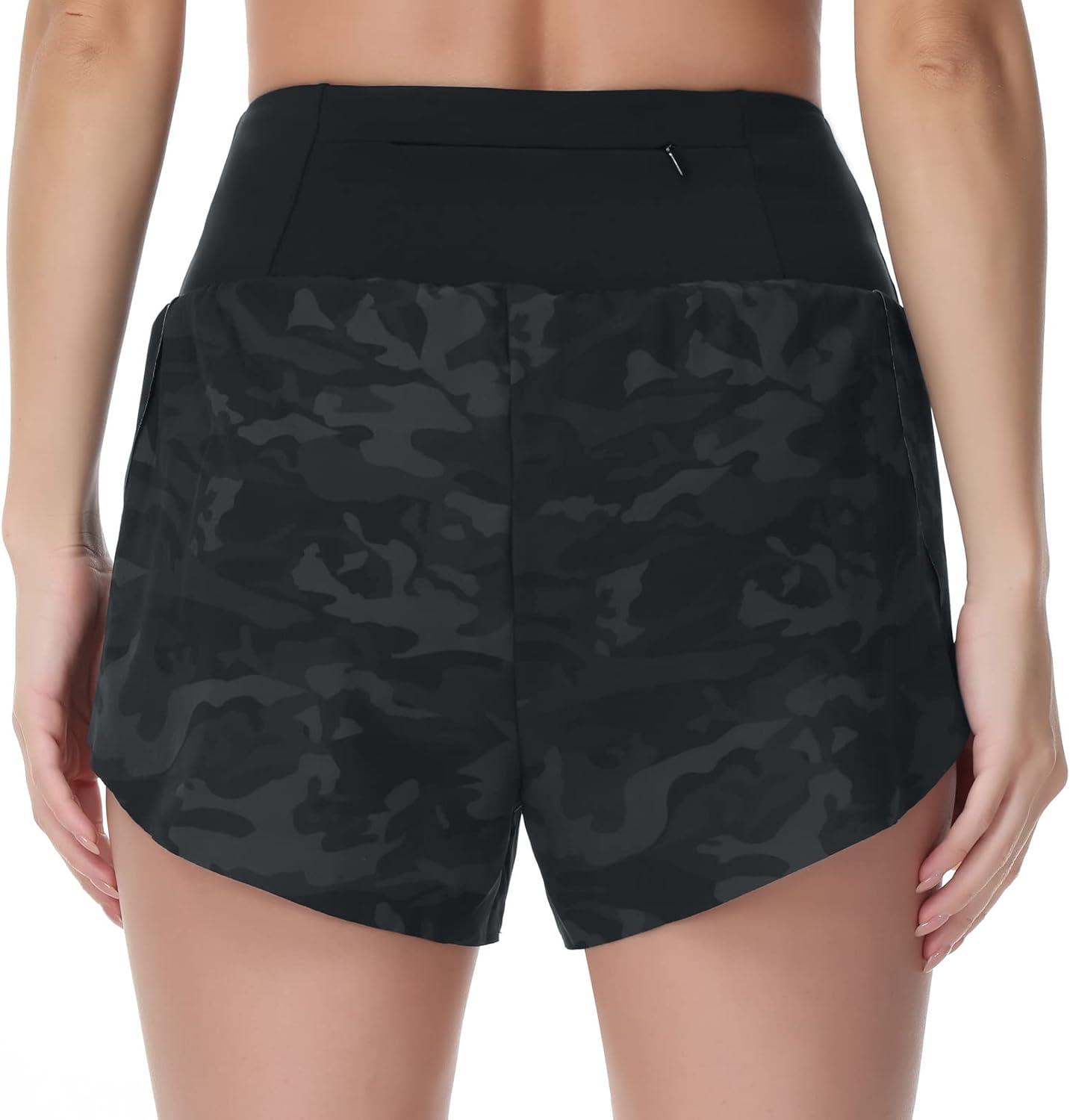 imageTHE GYM PEOPLE Womens Quick Dry Running Shorts Mesh Liner High Waisted Tennis Workout Shorts Zipper PocketsCamo Black