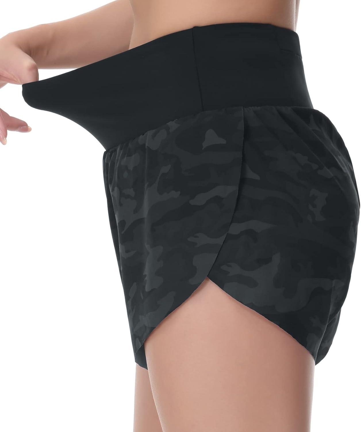 imageTHE GYM PEOPLE Womens Quick Dry Running Shorts Mesh Liner High Waisted Tennis Workout Shorts Zipper PocketsCamo Black