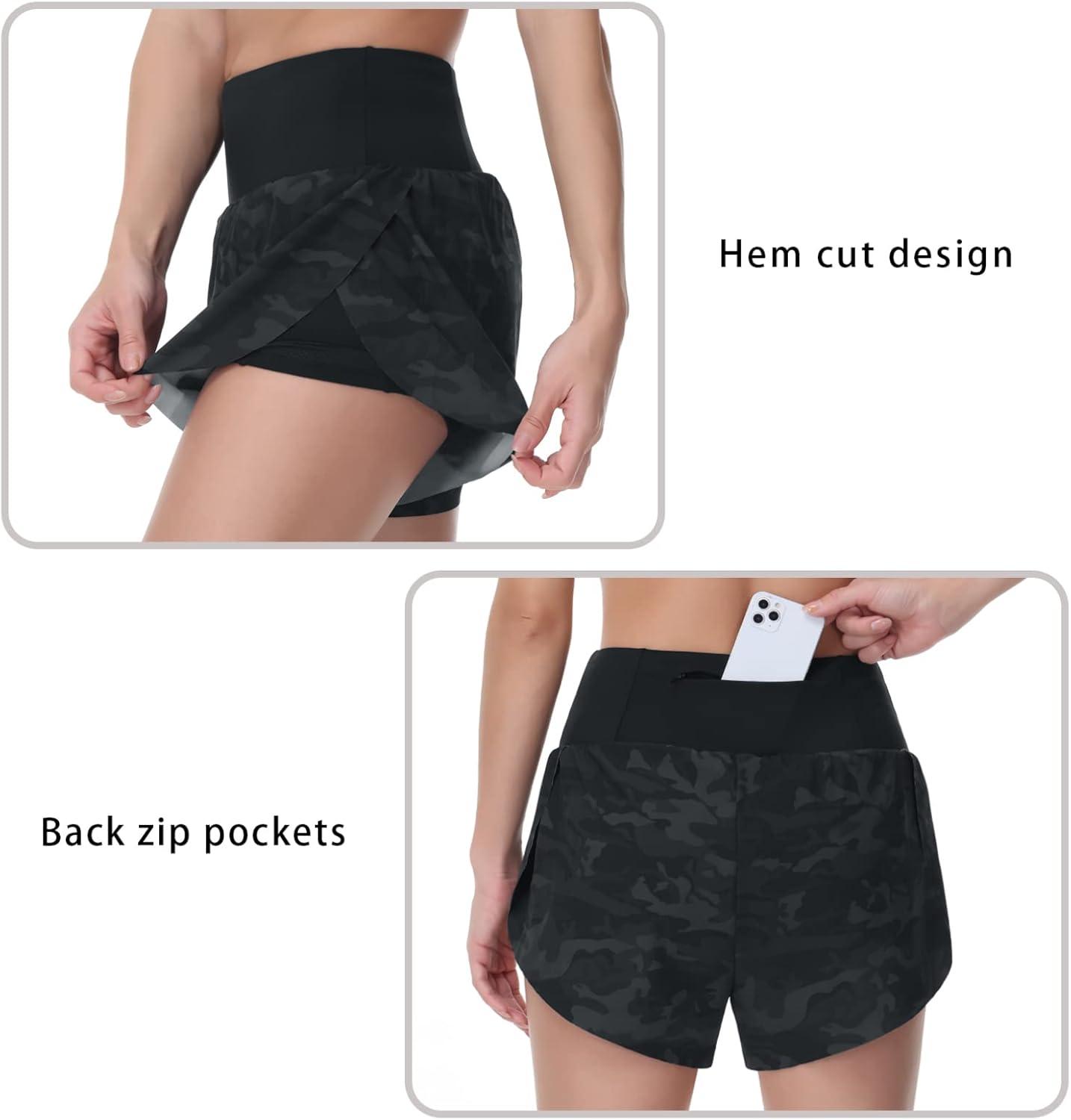 imageTHE GYM PEOPLE Womens Quick Dry Running Shorts Mesh Liner High Waisted Tennis Workout Shorts Zipper PocketsCamo Black