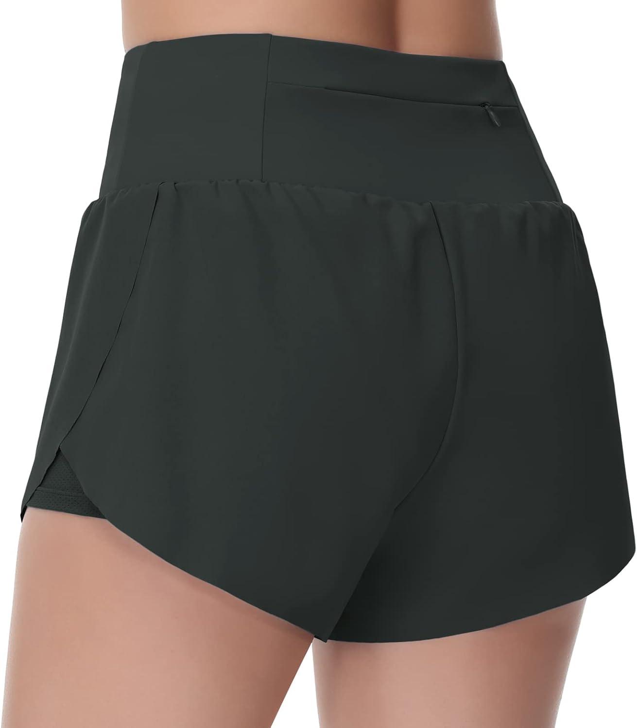 imageTHE GYM PEOPLE Womens Quick Dry Running Shorts Mesh Liner High Waisted Tennis Workout Shorts Zipper PocketsDark Grey