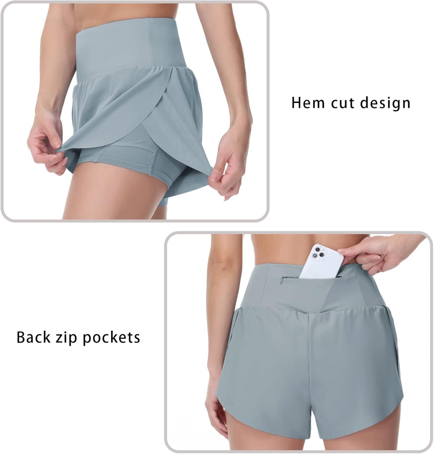 imageTHE GYM PEOPLE Womens Quick Dry Running Shorts Mesh Liner High Waisted Tennis Workout Shorts Zipper PocketsDenim Blue