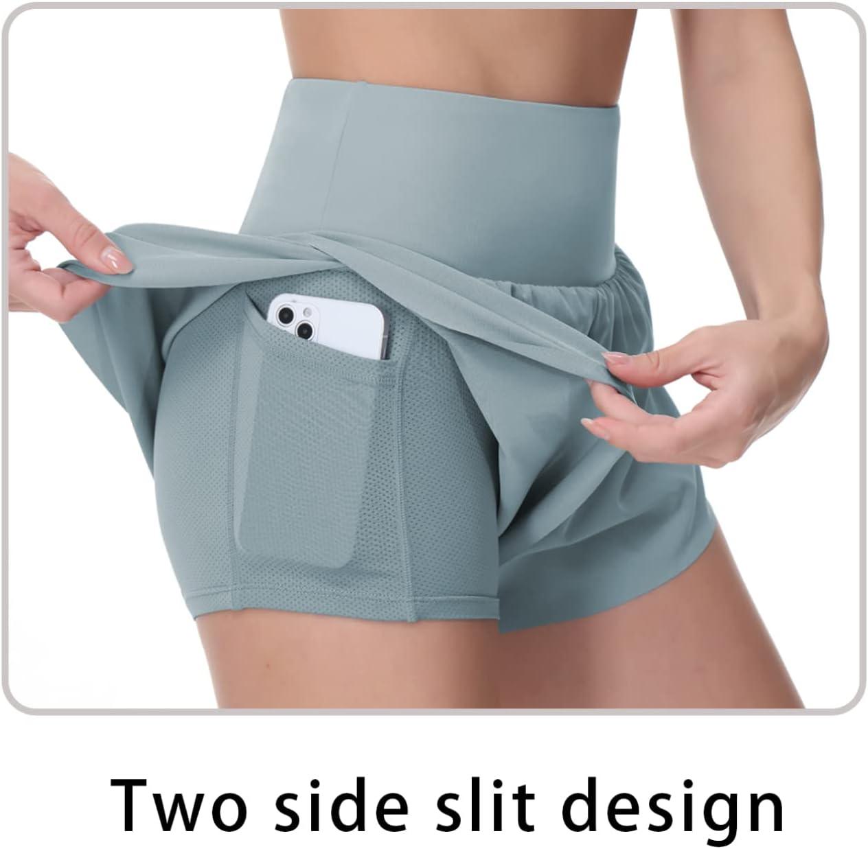 imageTHE GYM PEOPLE Womens Quick Dry Running Shorts Mesh Liner High Waisted Tennis Workout Shorts Zipper PocketsDenim Blue