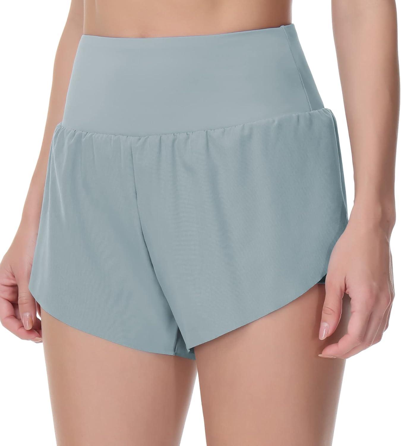 imageTHE GYM PEOPLE Womens Quick Dry Running Shorts Mesh Liner High Waisted Tennis Workout Shorts Zipper PocketsDenim Blue