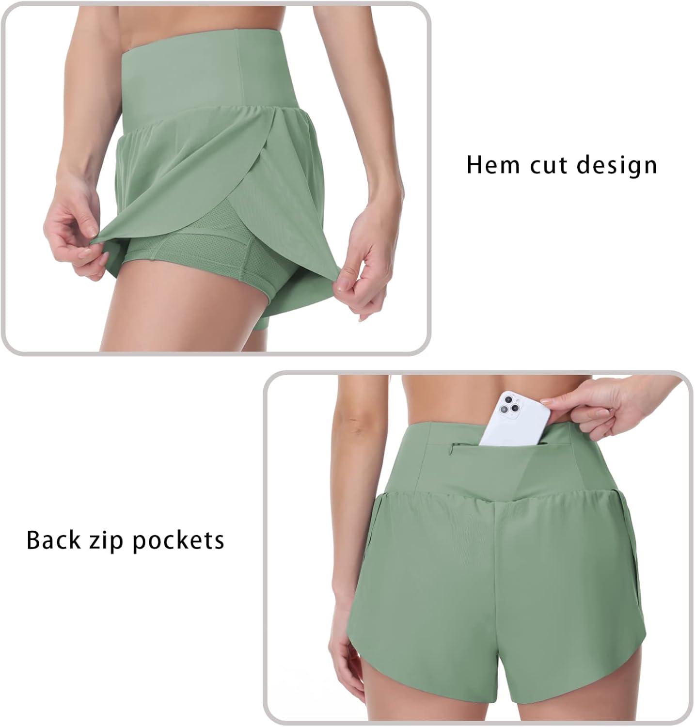 imageTHE GYM PEOPLE Womens Quick Dry Running Shorts Mesh Liner High Waisted Tennis Workout Shorts Zipper PocketsJasmine Green