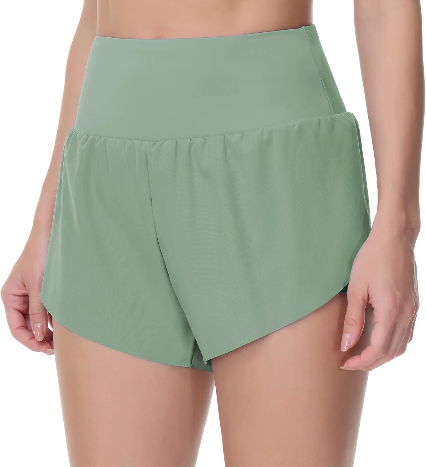 imageTHE GYM PEOPLE Womens Quick Dry Running Shorts Mesh Liner High Waisted Tennis Workout Shorts Zipper PocketsJasmine Green