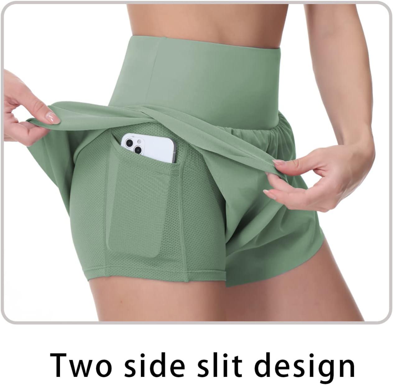 imageTHE GYM PEOPLE Womens Quick Dry Running Shorts Mesh Liner High Waisted Tennis Workout Shorts Zipper PocketsJasmine Green