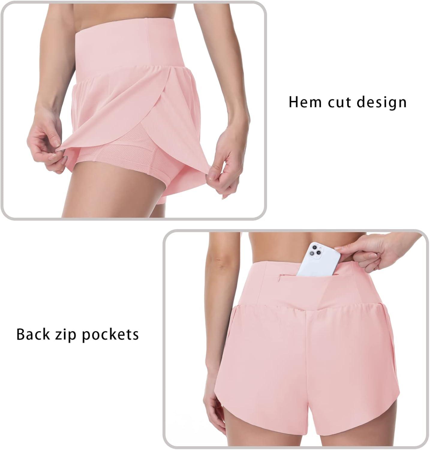 imageTHE GYM PEOPLE Womens Quick Dry Running Shorts Mesh Liner High Waisted Tennis Workout Shorts Zipper PocketsPink