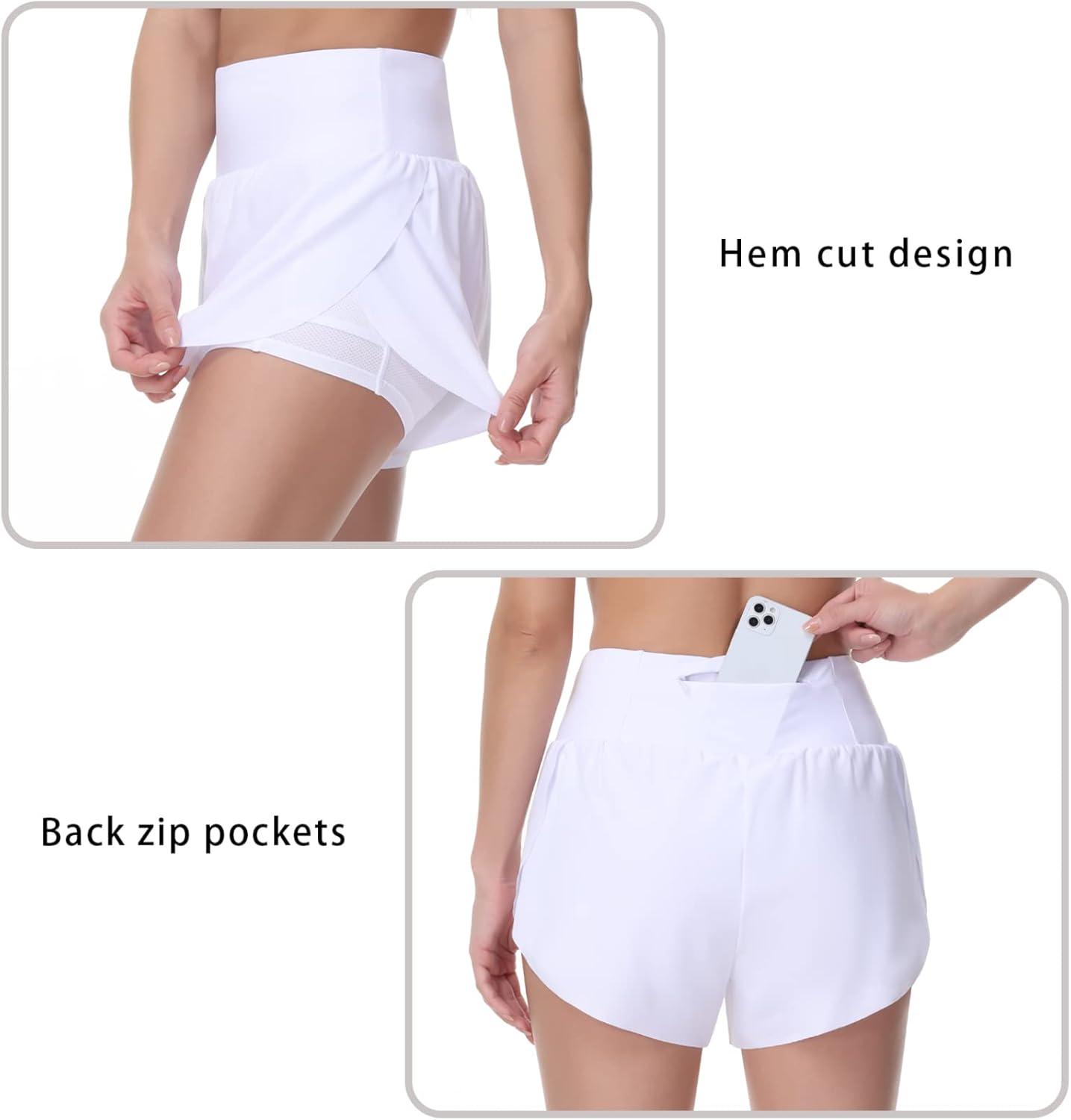imageTHE GYM PEOPLE Womens Quick Dry Running Shorts Mesh Liner High Waisted Tennis Workout Shorts Zipper PocketsWhite
