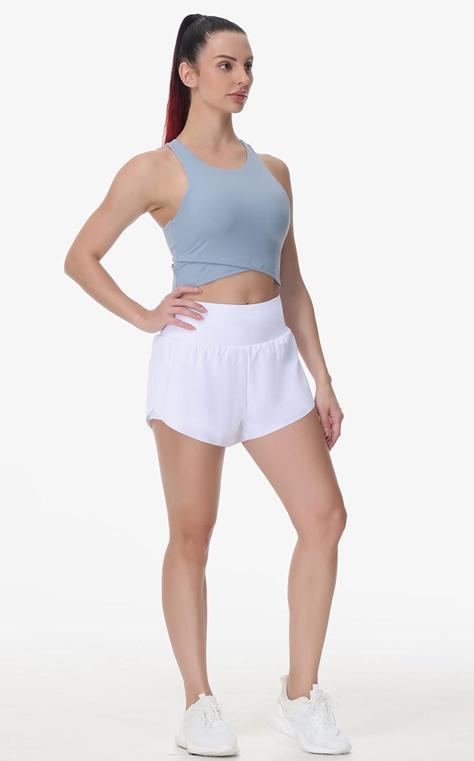 imageTHE GYM PEOPLE Womens Quick Dry Running Shorts Mesh Liner High Waisted Tennis Workout Shorts Zipper PocketsWhite