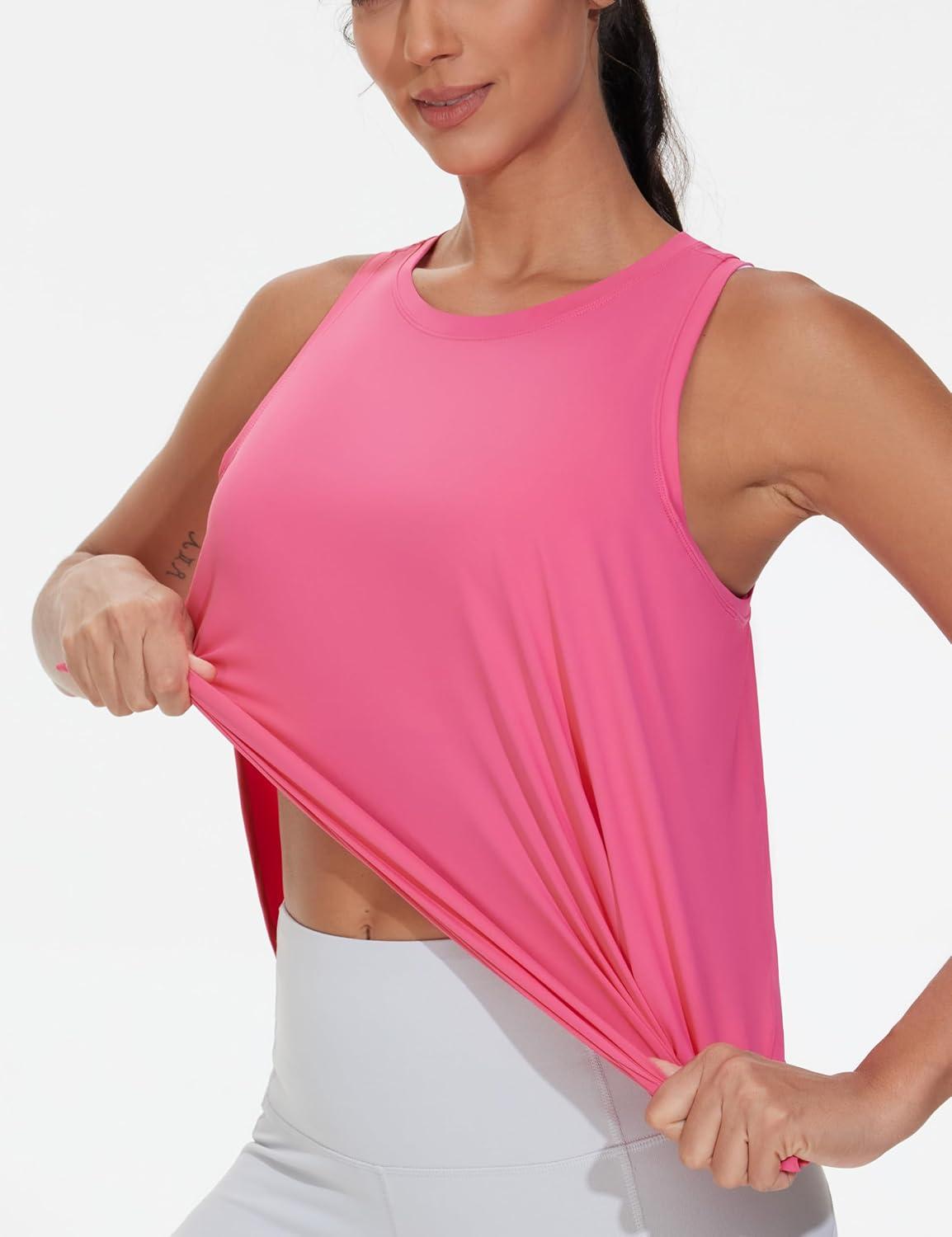 imageTHE GYM PEOPLE Womens Racerback Workout Tank Tops Split Side Loose Fit Sleeveless Yoga Running Shirts with Curved HemBright Pink
