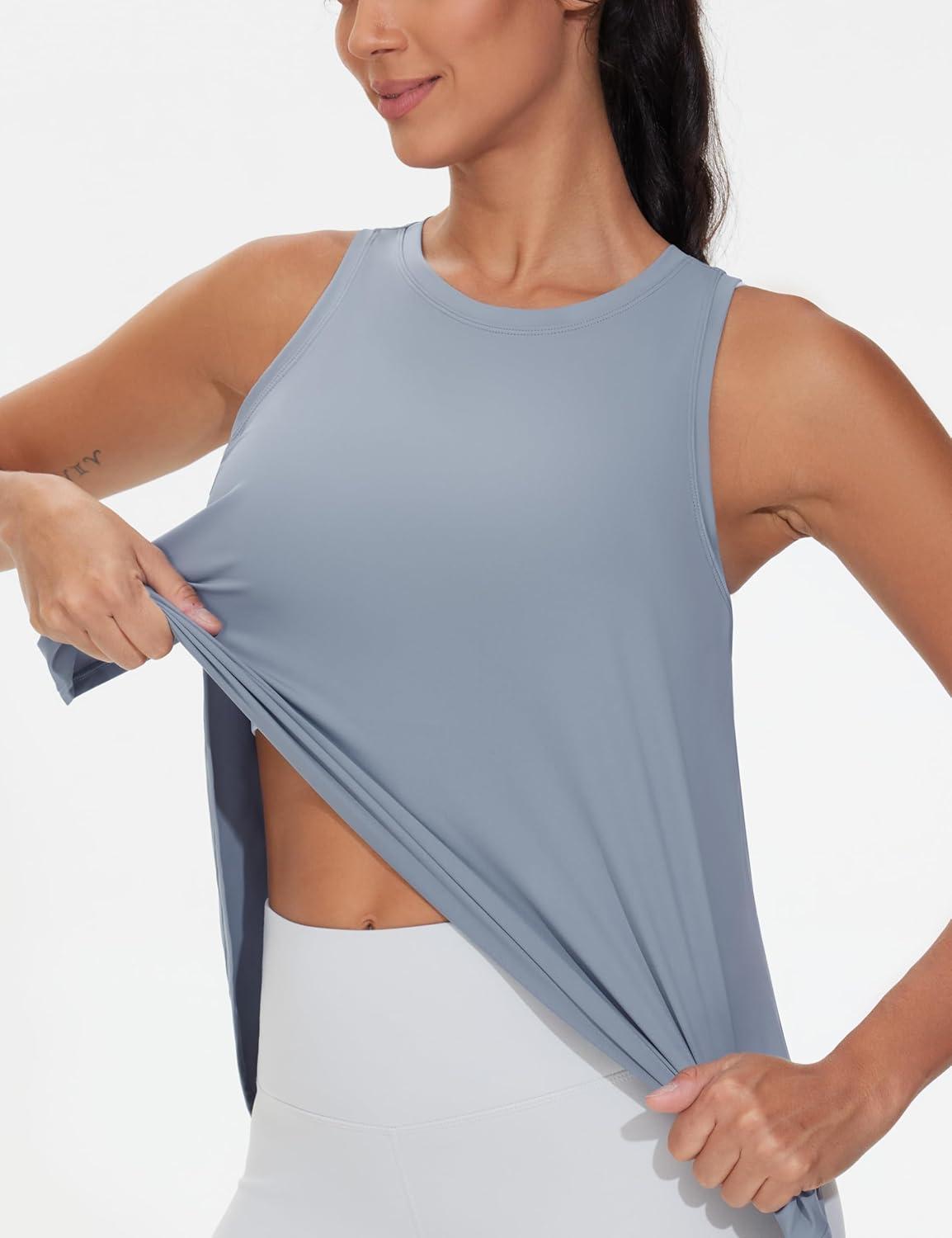 imageTHE GYM PEOPLE Womens Racerback Workout Tank Tops Split Side Loose Fit Sleeveless Yoga Running Shirts with Curved HemGrey Blue