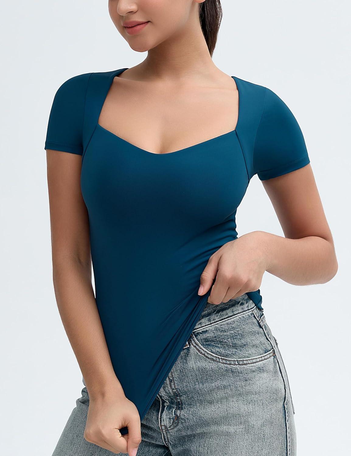 imageTHE GYM PEOPLE Womens Scoop Neck T Shirts Short Sleeve Slim Fit Workout Cool Tee TopsDark Blue Green