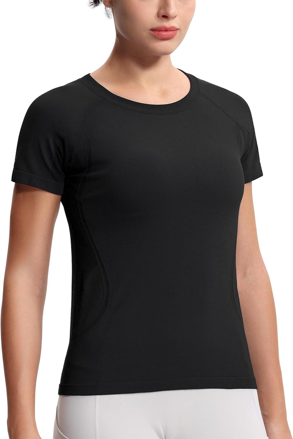 imageTHE GYM PEOPLE Womens Seamless Workout TShirts Short Sleeve Slim Fit Shirts Breathable Running Tee TopsBlack