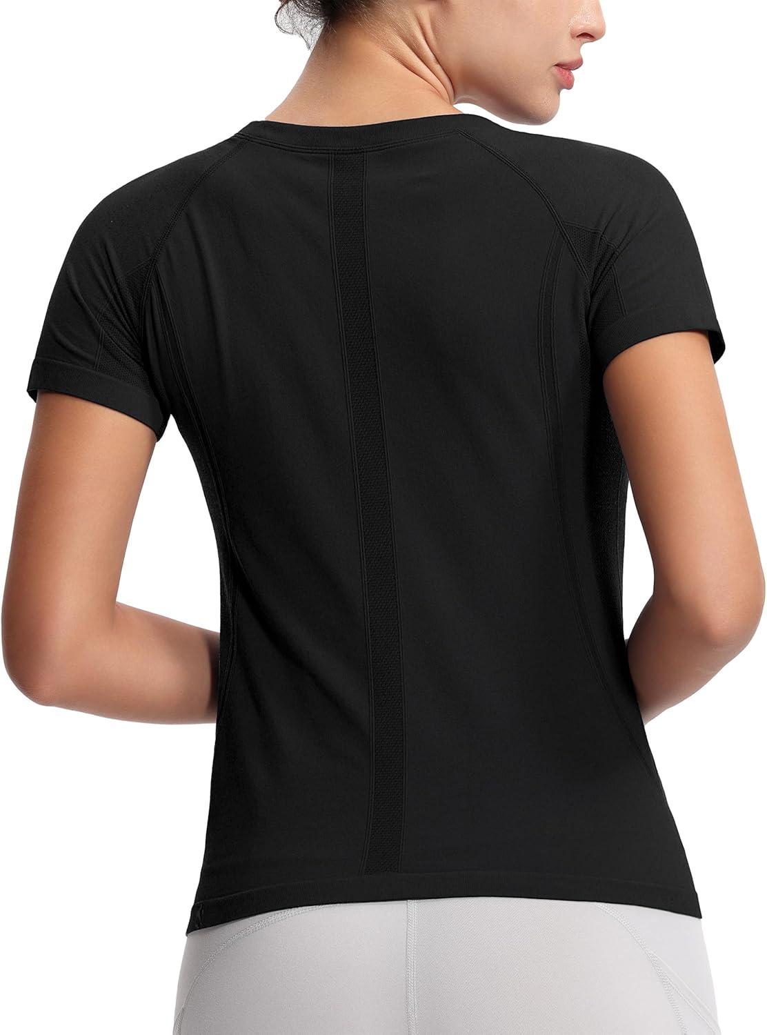 imageTHE GYM PEOPLE Womens Seamless Workout TShirts Short Sleeve Slim Fit Shirts Breathable Running Tee TopsBlack