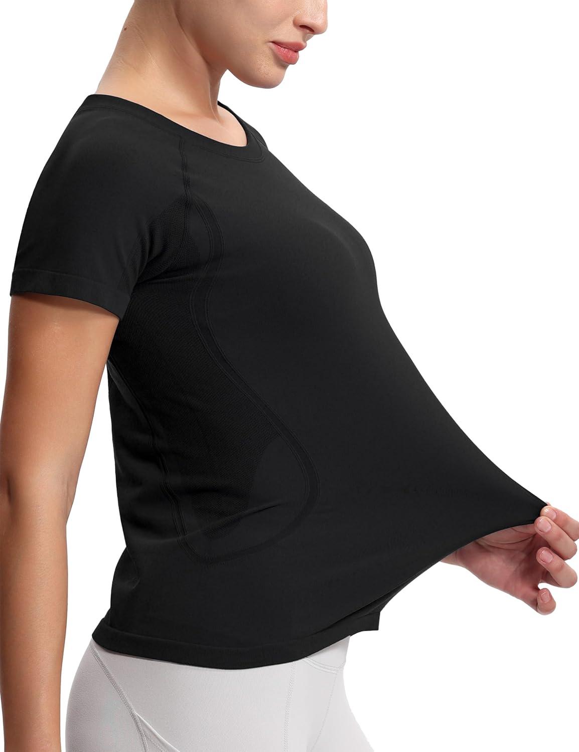 imageTHE GYM PEOPLE Womens Seamless Workout TShirts Short Sleeve Slim Fit Shirts Breathable Running Tee TopsBlack