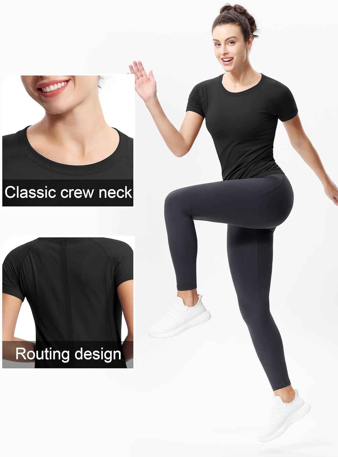 imageTHE GYM PEOPLE Womens Seamless Workout TShirts Short Sleeve Slim Fit Shirts Breathable Running Tee TopsBlack