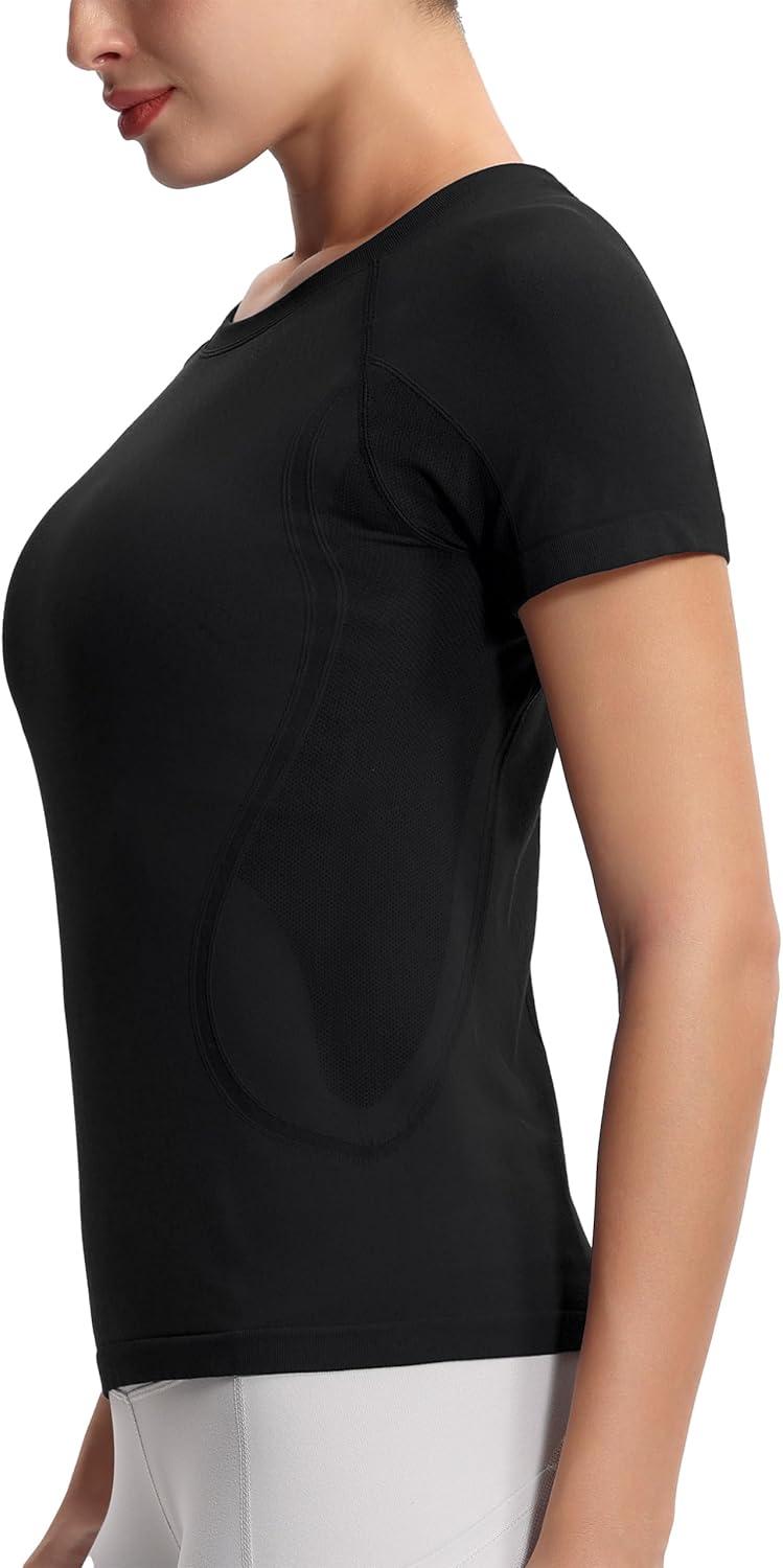 imageTHE GYM PEOPLE Womens Seamless Workout TShirts Short Sleeve Slim Fit Shirts Breathable Running Tee TopsBlack