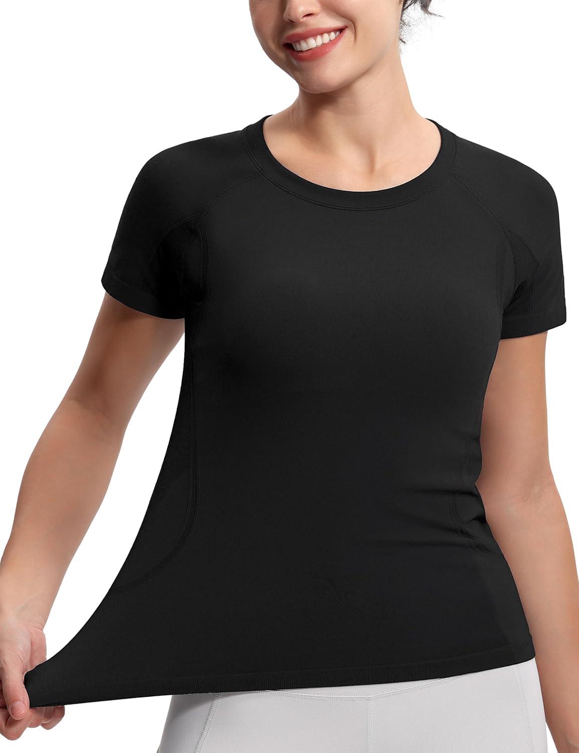 imageTHE GYM PEOPLE Womens Seamless Workout TShirts Short Sleeve Slim Fit Shirts Breathable Running Tee TopsBlack