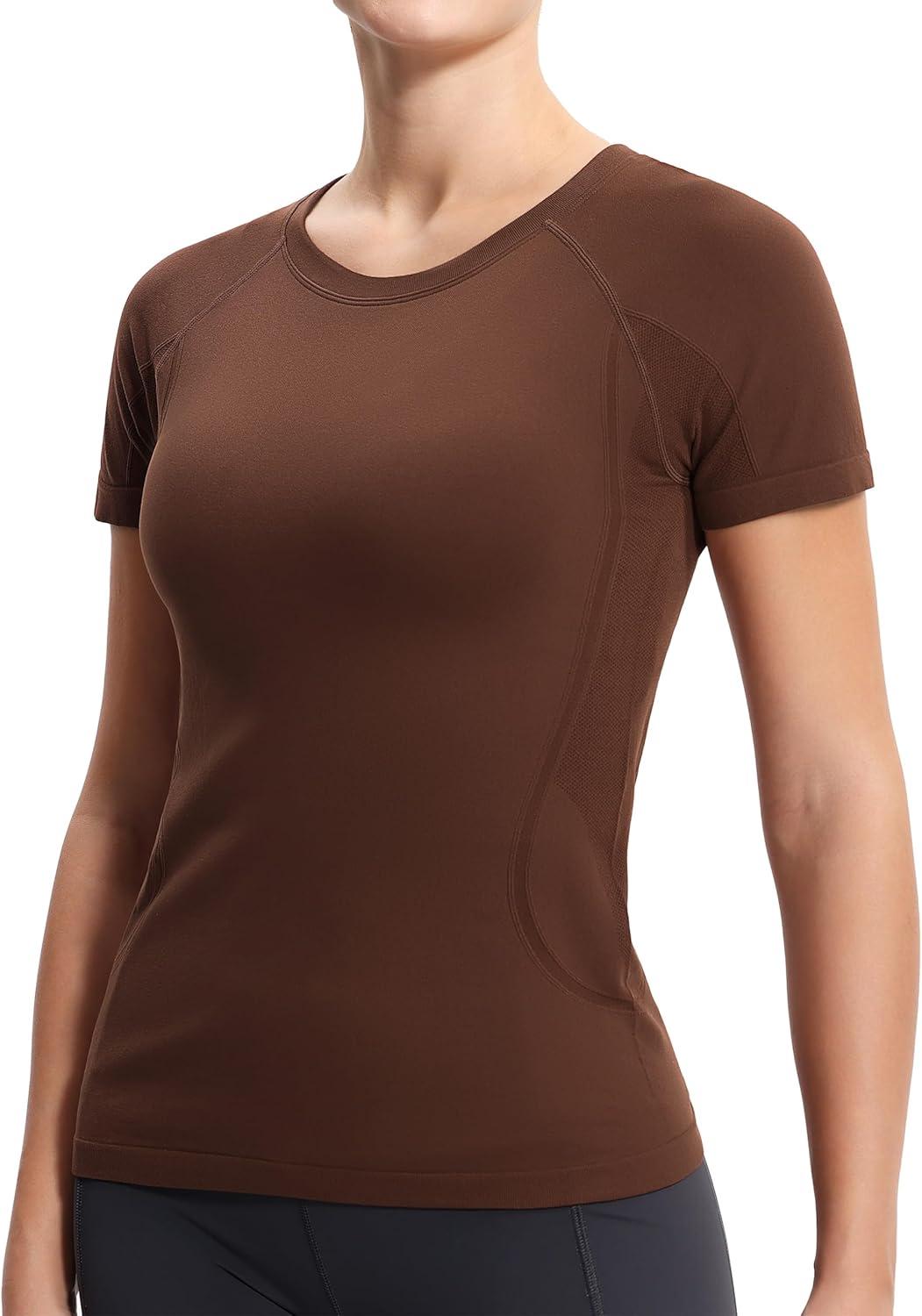imageTHE GYM PEOPLE Womens Seamless Workout TShirts Short Sleeve Slim Fit Shirts Breathable Running Tee TopsBrown