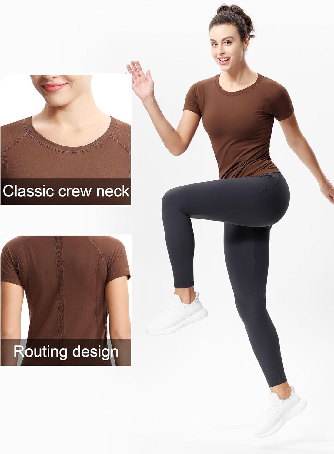 imageTHE GYM PEOPLE Womens Seamless Workout TShirts Short Sleeve Slim Fit Shirts Breathable Running Tee TopsBrown
