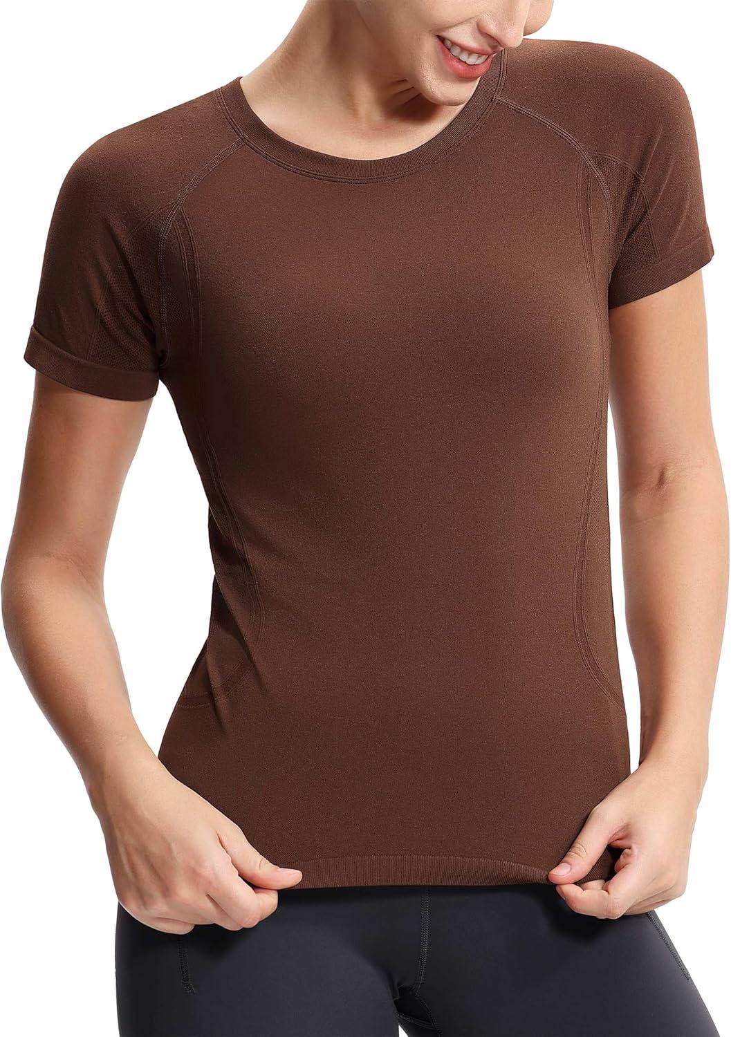 imageTHE GYM PEOPLE Womens Seamless Workout TShirts Short Sleeve Slim Fit Shirts Breathable Running Tee TopsBrown