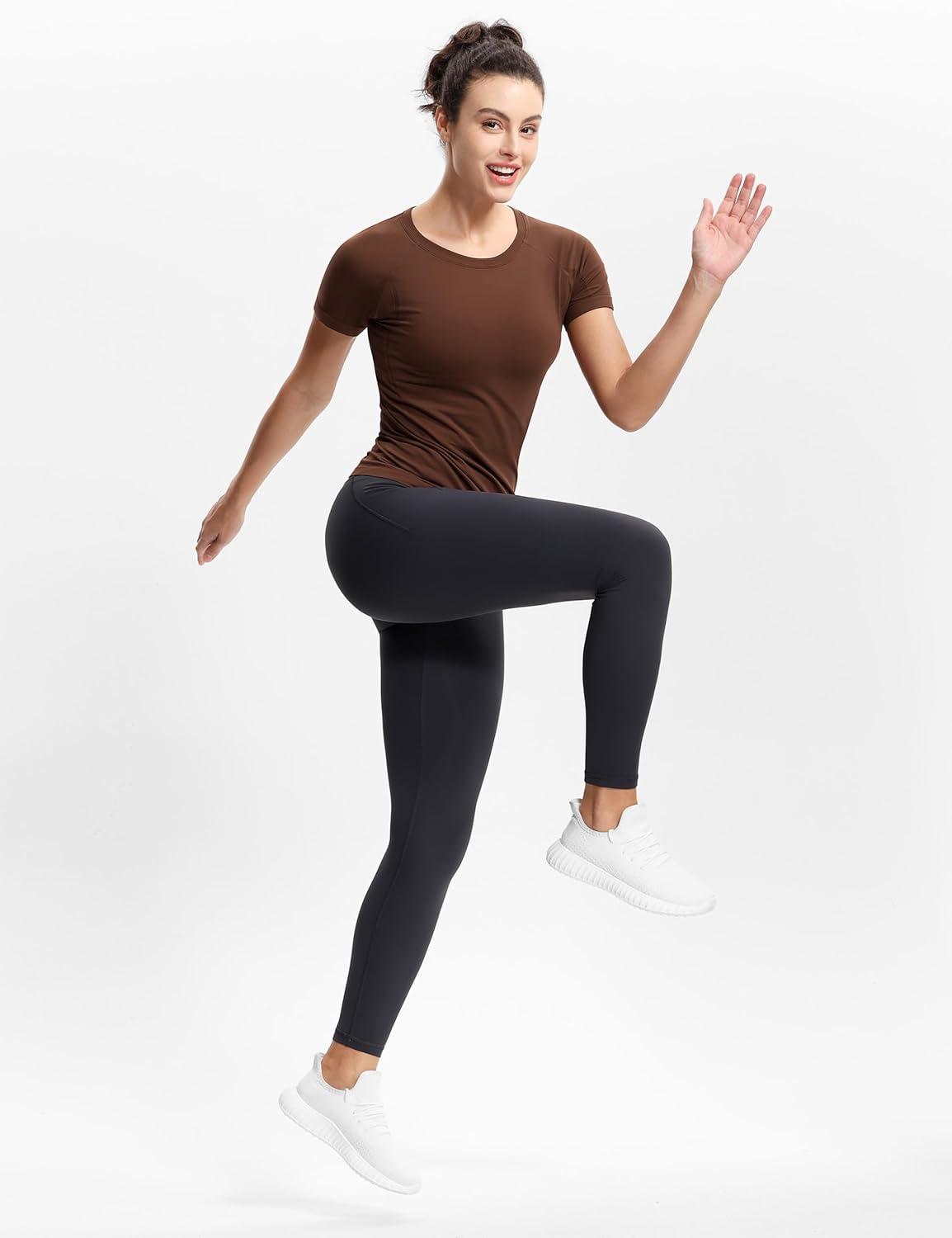 imageTHE GYM PEOPLE Womens Seamless Workout TShirts Short Sleeve Slim Fit Shirts Breathable Running Tee TopsBrown