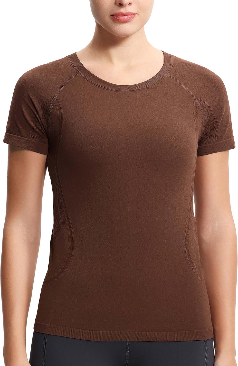 imageTHE GYM PEOPLE Womens Seamless Workout TShirts Short Sleeve Slim Fit Shirts Breathable Running Tee TopsBrown