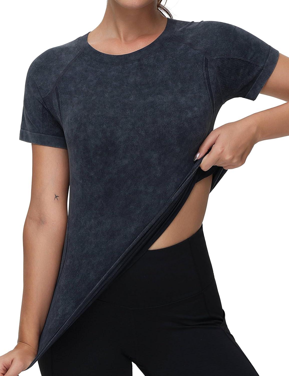 imageTHE GYM PEOPLE Womens Seamless Workout TShirts Short Sleeve Slim Fit Shirts Breathable Running Tee TopsHeather Black