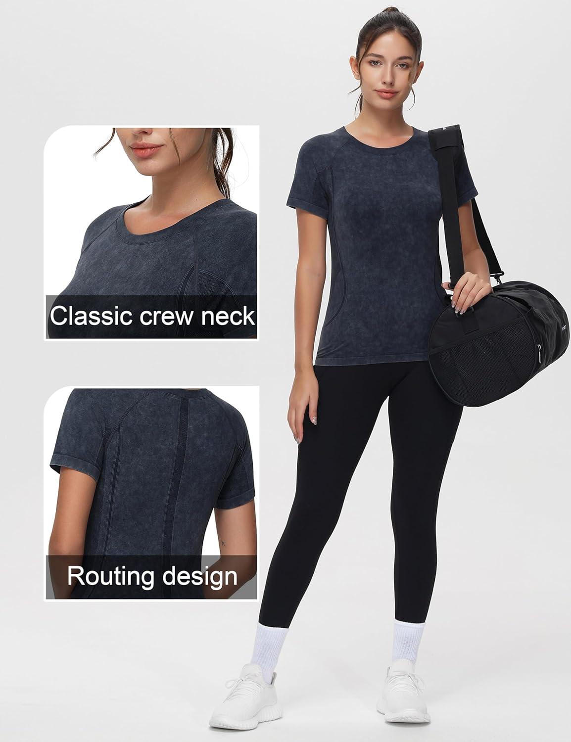 imageTHE GYM PEOPLE Womens Seamless Workout TShirts Short Sleeve Slim Fit Shirts Breathable Running Tee TopsHeather Black
