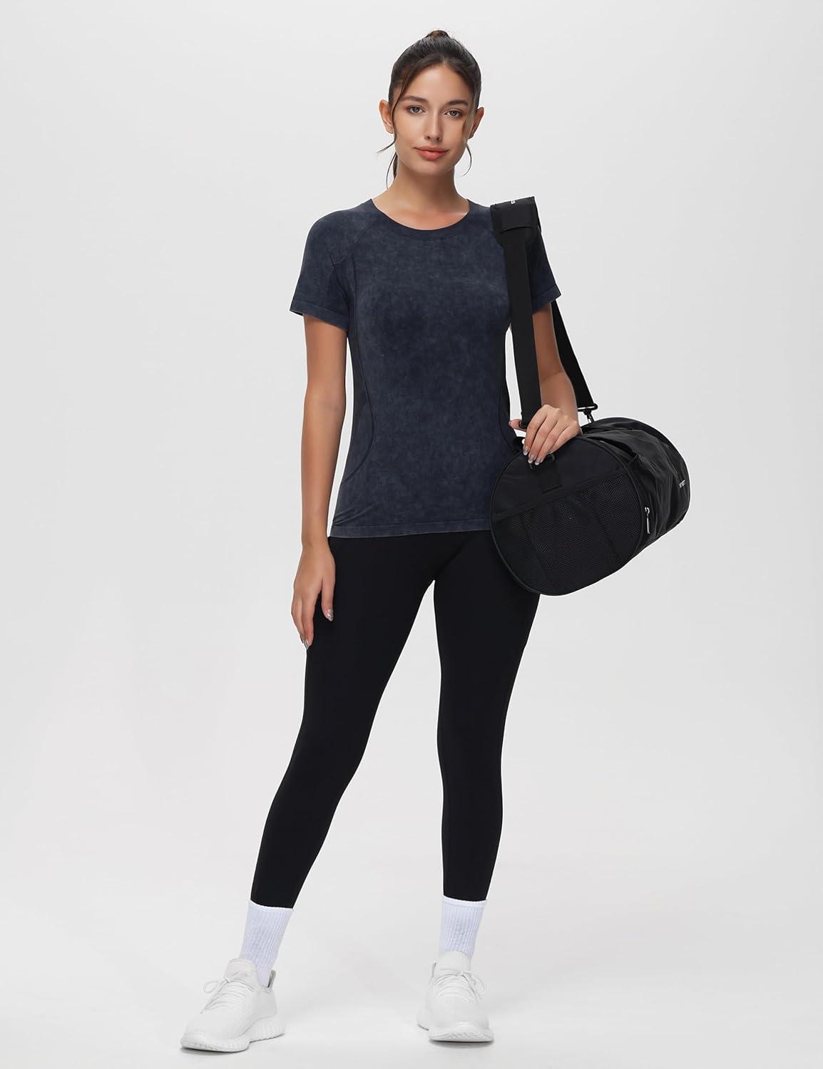 imageTHE GYM PEOPLE Womens Seamless Workout TShirts Short Sleeve Slim Fit Shirts Breathable Running Tee TopsHeather Black