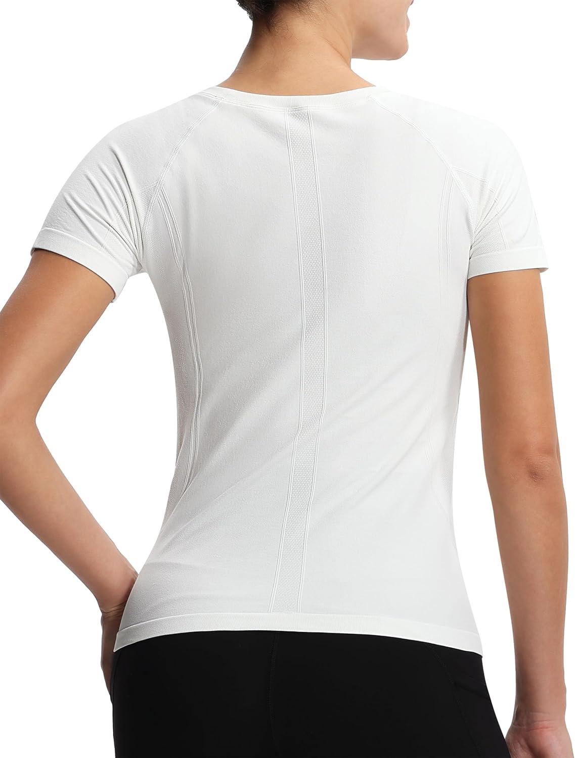 imageTHE GYM PEOPLE Womens Seamless Workout TShirts Short Sleeve Slim Fit Shirts Breathable Running Tee TopsWhite