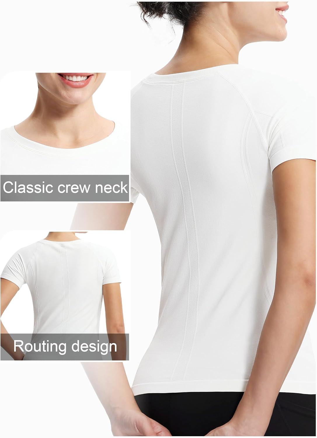 imageTHE GYM PEOPLE Womens Seamless Workout TShirts Short Sleeve Slim Fit Shirts Breathable Running Tee TopsWhite