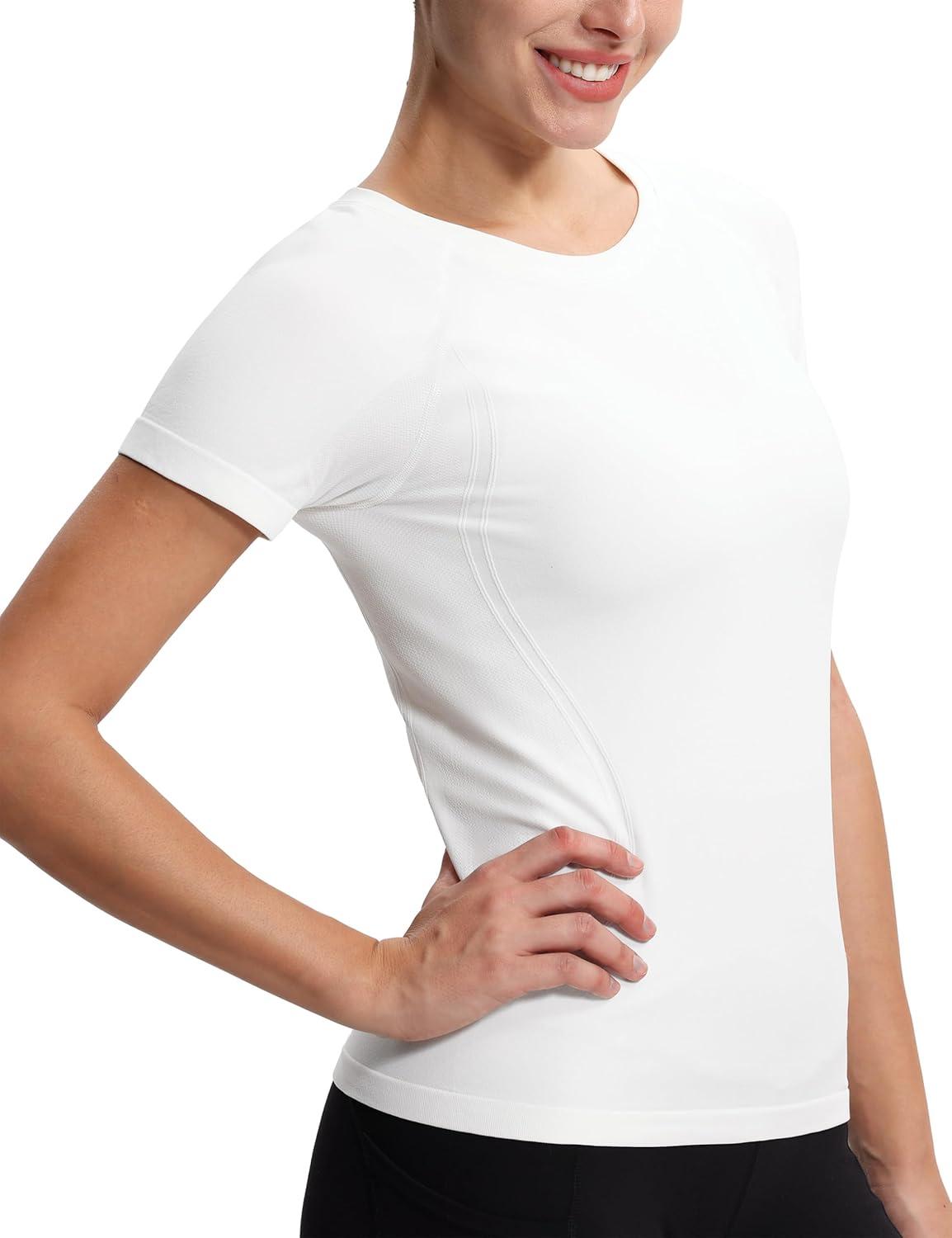 imageTHE GYM PEOPLE Womens Seamless Workout TShirts Short Sleeve Slim Fit Shirts Breathable Running Tee TopsWhite