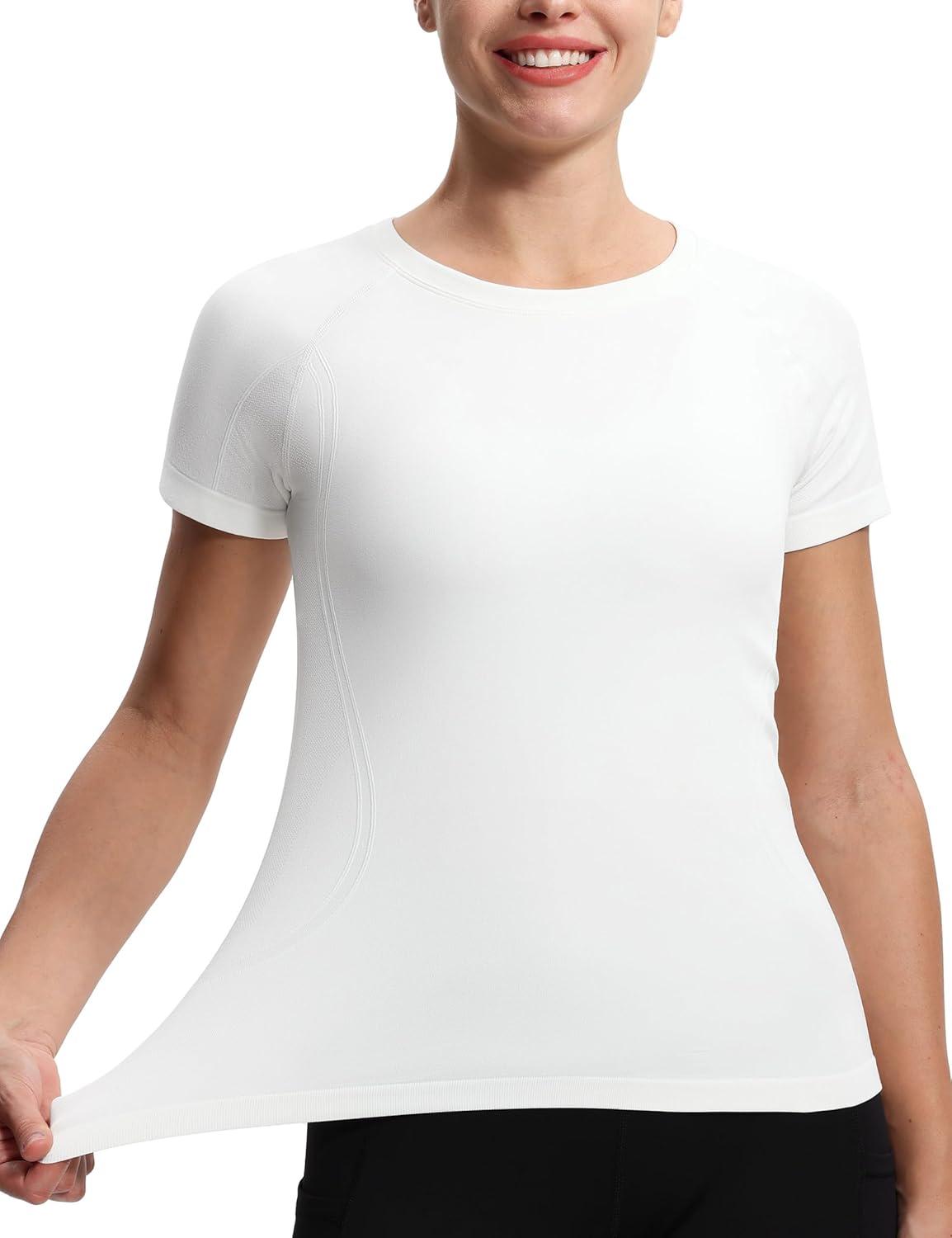 imageTHE GYM PEOPLE Womens Seamless Workout TShirts Short Sleeve Slim Fit Shirts Breathable Running Tee TopsWhite