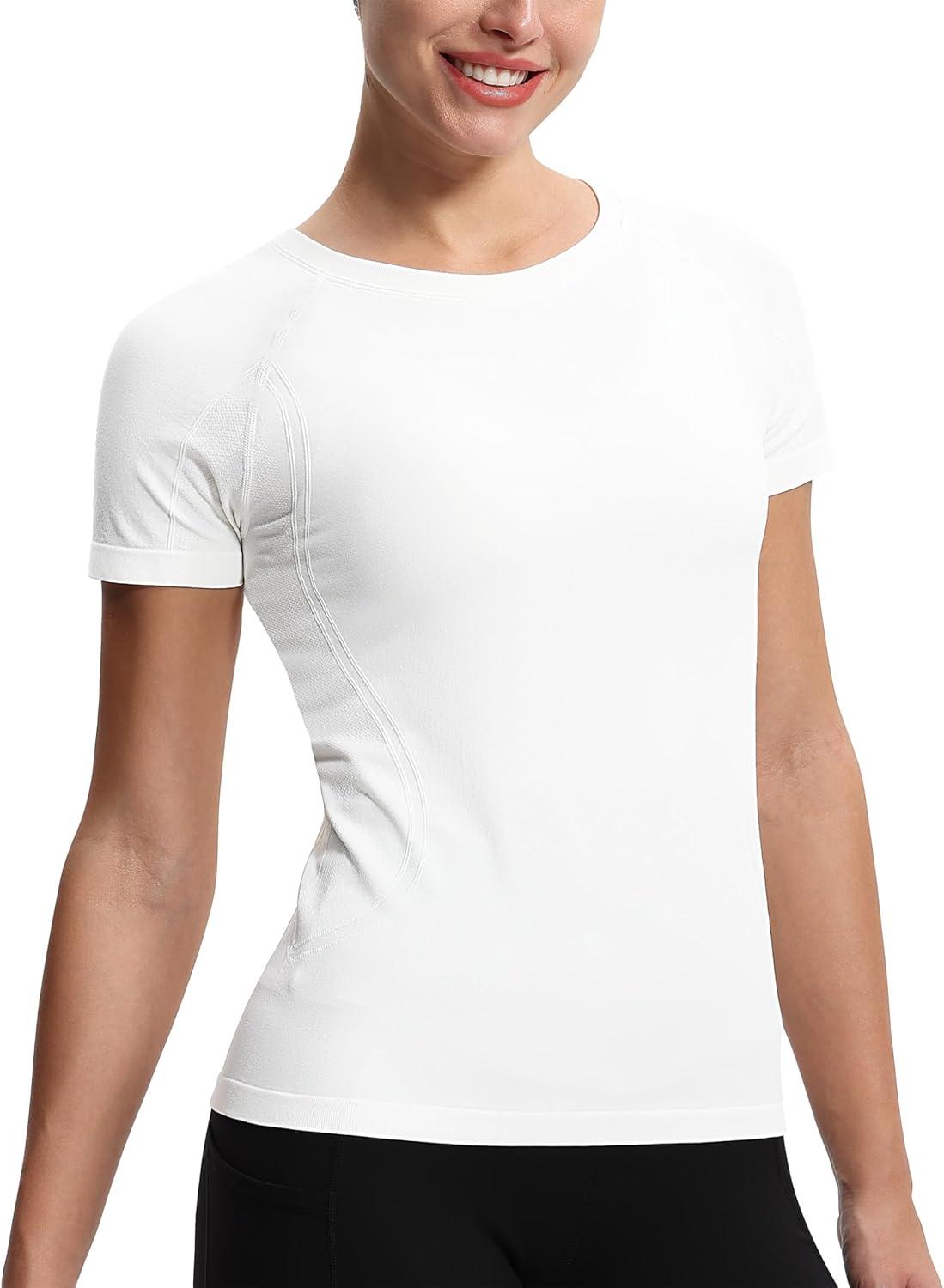 imageTHE GYM PEOPLE Womens Seamless Workout TShirts Short Sleeve Slim Fit Shirts Breathable Running Tee TopsWhite