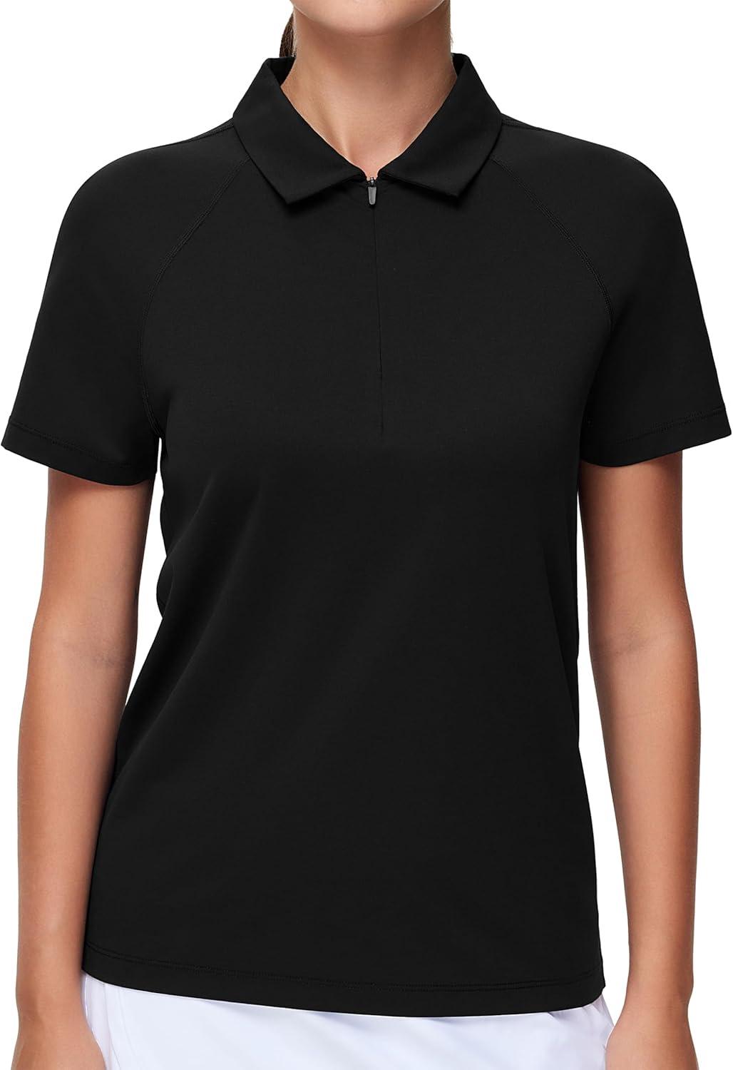 imageTHE GYM PEOPLE Womens Short Sleeve Polo Shirts Zip Up Quick Dry Breathable Collared Golf Workout TopsBlack