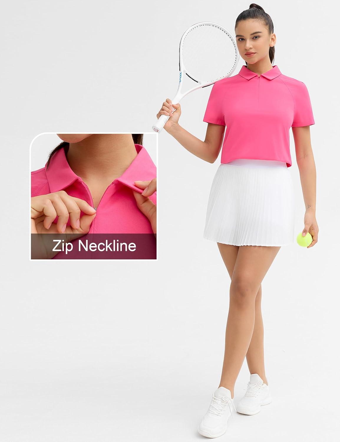 imageTHE GYM PEOPLE Womens Short Sleeve Polo Shirts Zip Up Quick Dry Breathable Collared Golf Workout TopsBright Pink