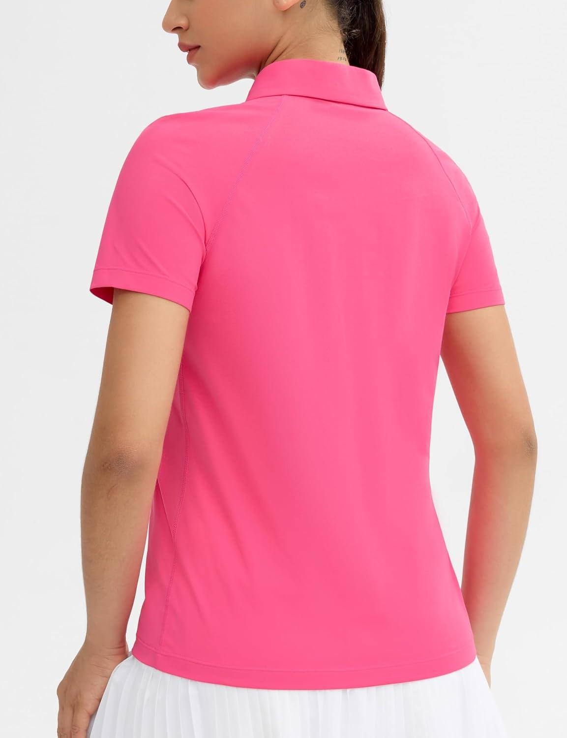 imageTHE GYM PEOPLE Womens Short Sleeve Polo Shirts Zip Up Quick Dry Breathable Collared Golf Workout TopsBright Pink