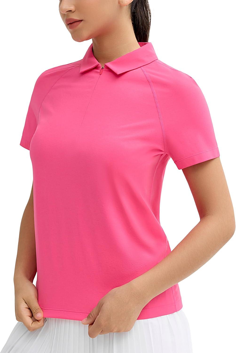 imageTHE GYM PEOPLE Womens Short Sleeve Polo Shirts Zip Up Quick Dry Breathable Collared Golf Workout TopsBright Pink