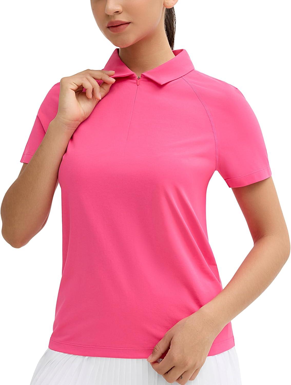 imageTHE GYM PEOPLE Womens Short Sleeve Polo Shirts Zip Up Quick Dry Breathable Collared Golf Workout TopsBright Pink