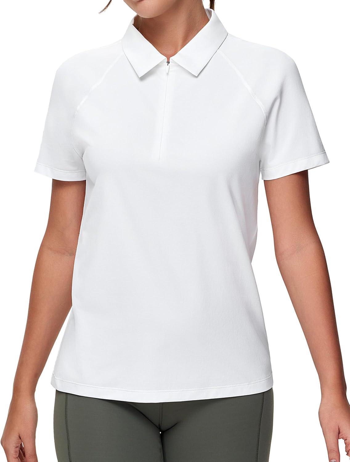 imageTHE GYM PEOPLE Womens Short Sleeve Polo Shirts Zip Up Quick Dry Breathable Collared Golf Workout TopsWhite