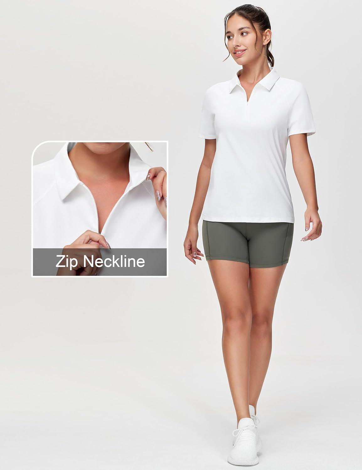 imageTHE GYM PEOPLE Womens Short Sleeve Polo Shirts Zip Up Quick Dry Breathable Collared Golf Workout TopsWhite