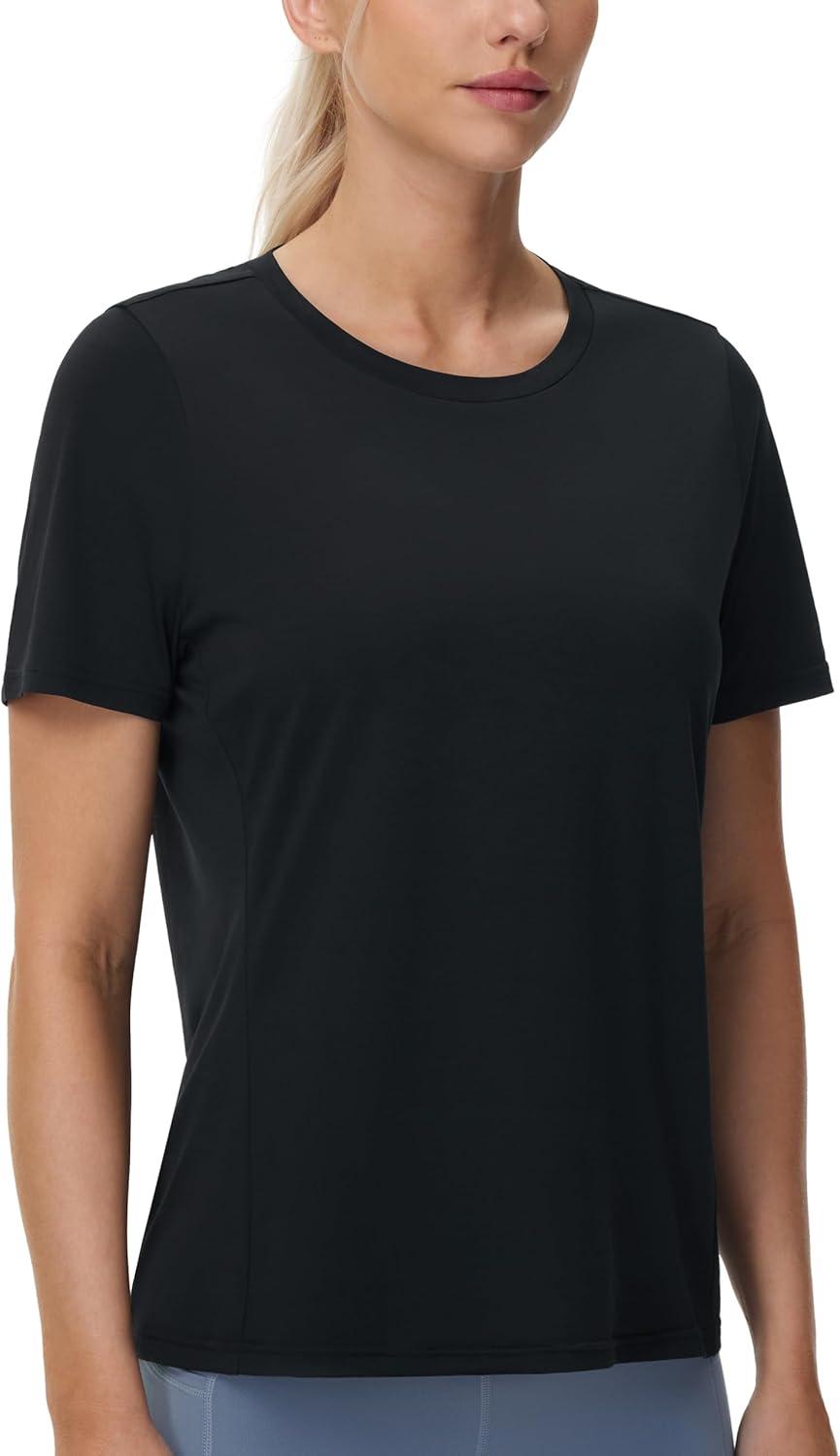 imageTHE GYM PEOPLE Womens Short Sleeve Workout TShirts Stretchy Lightweight Crewneck Athletic Running Lounge Tee TopsBlack